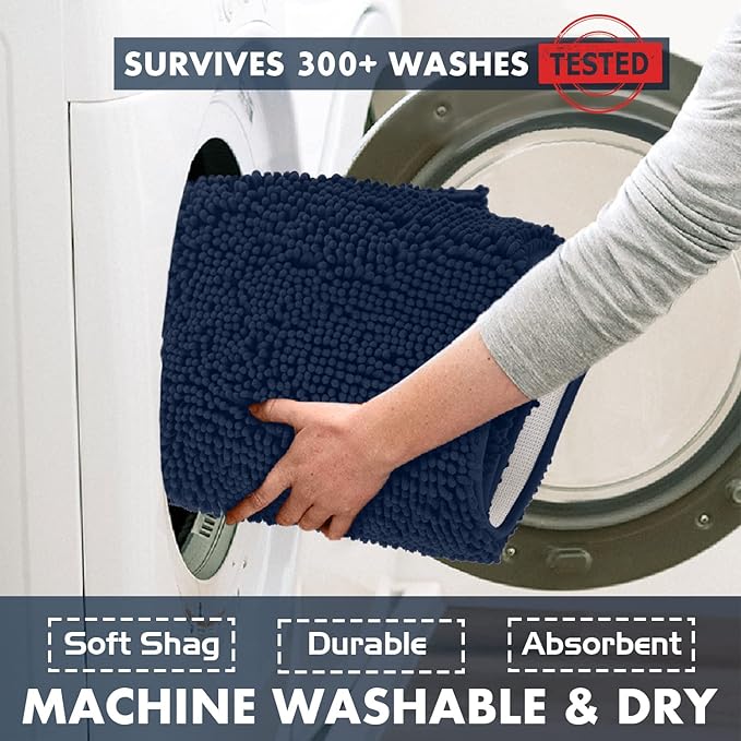 LuxUrux Bathroom Rugs Sets 4 Piece - Non-Slip Shaggy Chenille Mat Set - Includes U-Shaped Contour Toilet Mat, Lid Cover, 20x30'' and 16x24'' Bath Mat - Navy