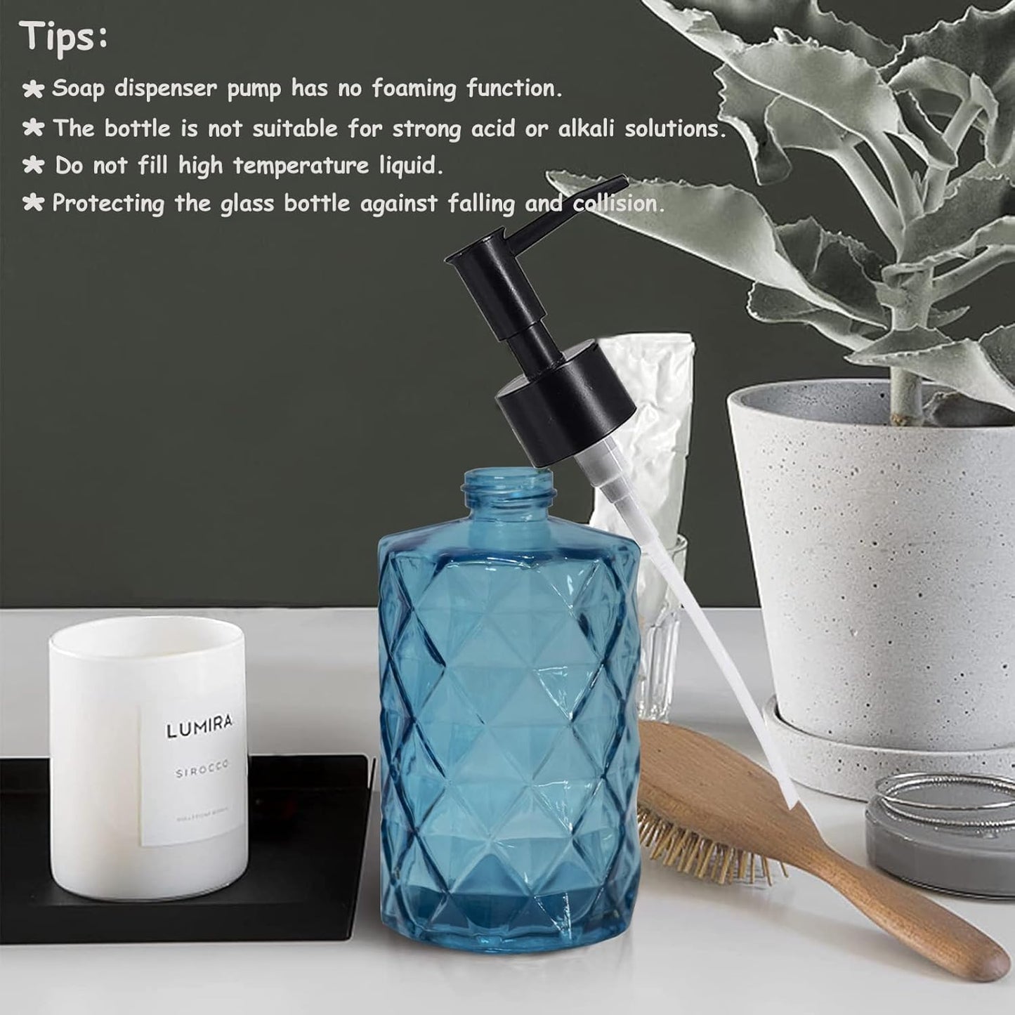 Blue Glass Soap Dispenser with Black Plastic Pump, 12oz Refillable Liquid Hand Soap Dispenser, Crystal Lotion Bottle for Modern Home Decor, Bathroom, Kitchen Countertop, Hotel