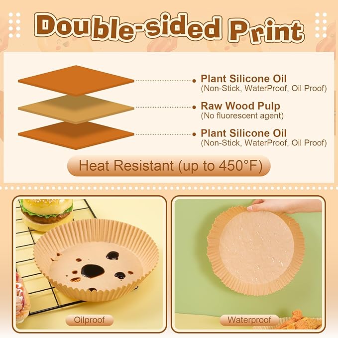 Honeydak 300 Pcs Air Fryer Disposable Paper Liner, Non-stick Air Fryer Liners, Round Parchment Paper for Cooking Baking Oil Proof Microwave Roasting Food Grade Easy Cleanup (9 Inch)