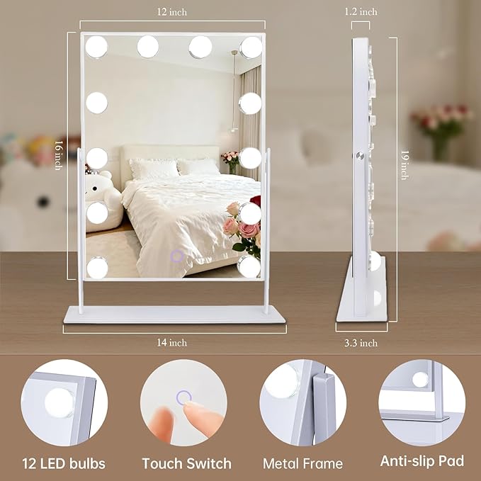 Hollywood Vanity Mirror with Lights 14" x 19", 10x Magnifying, 12 LED Bulbs