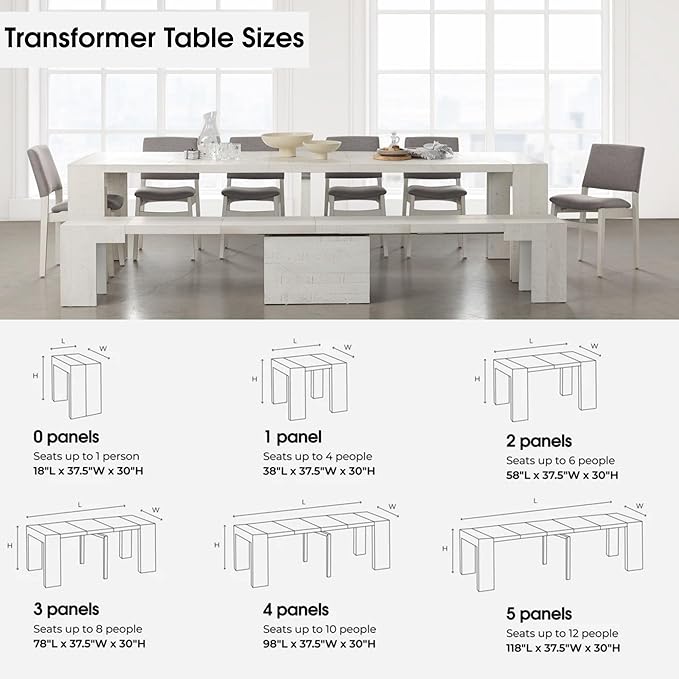Transformer Table - Solid Wood Extendable Dining Table, Seats 2-12, Expandable Dining Room Table, Space-Saving Furniture, Kitchen and Dining Room Furniture (White, Table + Bench + 4 Chairs)