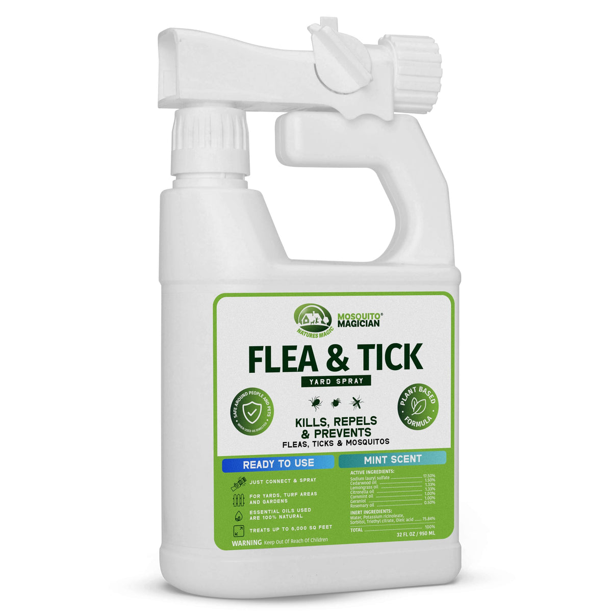 Mosquito Magician Ready to Use Hose Sprayer - Holds 32 Fl Oz of Liquid - Refillable - Kills Mosquitoes, Fleas, and Fire Ants - for Yards, Lawns, Patios - with Essential Oils - Mint