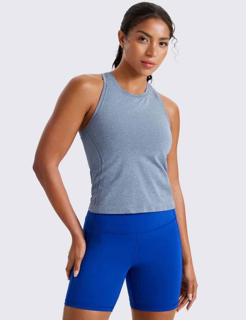 CRZ YOGA Seamless Workout Tank Tops for Women - Athletic Running Gym Sleeveless Shirts Crewneck Racerback Breathable Oasis Blue Heather Large