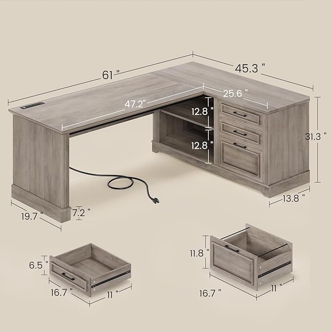 SEDETA Executive Desk, 61" Farmhouse L Shaped Desk with File Drawers, Office Desk with Drawers and Power Outlets, Computer Desk with Storage Shelves for Home Office, Grey