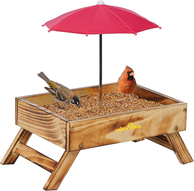 Ground Bird Feeder for Outdoors Bird&Squirrel Feeder Wooden Chicken Picnic Table Platform Feeder Wild Bird Feed Crow Feeder for Outside with 5 LBS Capacity (Brown)