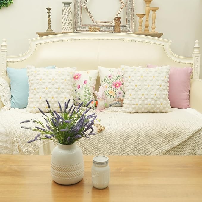 GEEORY Daisy Soft Plush Pillow Covers, 20 x 20 Inch Set of 2, Fluffy Faux Fur Wool Decorative Farmhouse Cushion Case for Sofa Home Decoration Cream GC030-20