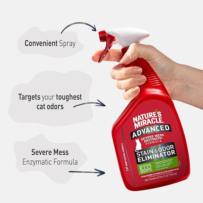 Nature's Miracle Advanced Cat Stain and Odor Eliminator Spray, Severe Mess Enzymatic Formula, 32 fl oz
