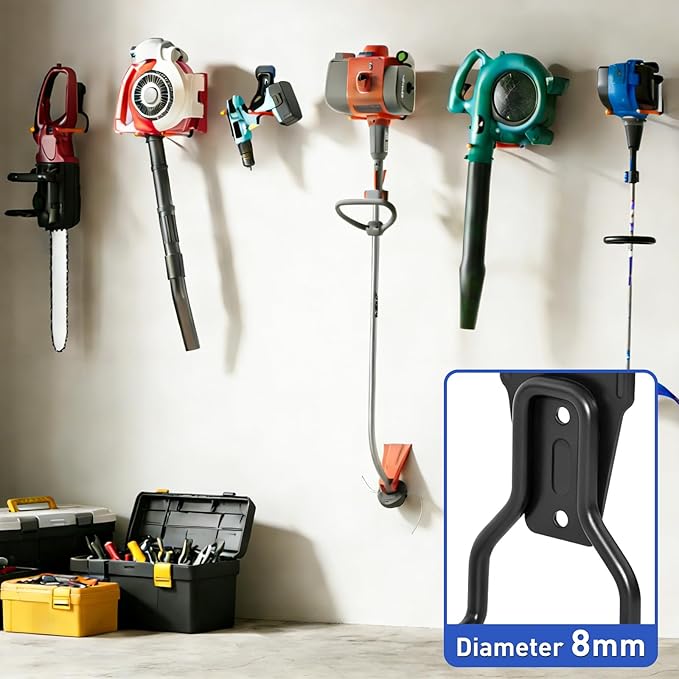 Heavy Duty Garden Power Tool Hanger, Garage Storage Utility Hooks with Storage Straps, Electric Tool Hooks, String Trimmer Hangers, Garden Tool Organizer, Weedeater Rack (2, Orange)