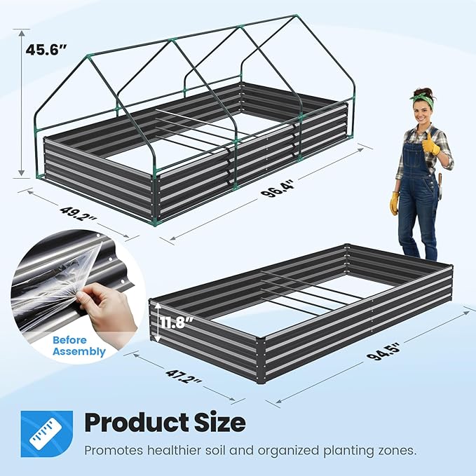 Quictent Raised Garden Bed Galvanized Raised Beds for Gardening Vegetables with Cover 8x4x1 ft Metal Planter Box Outdoor Use (Clear)
