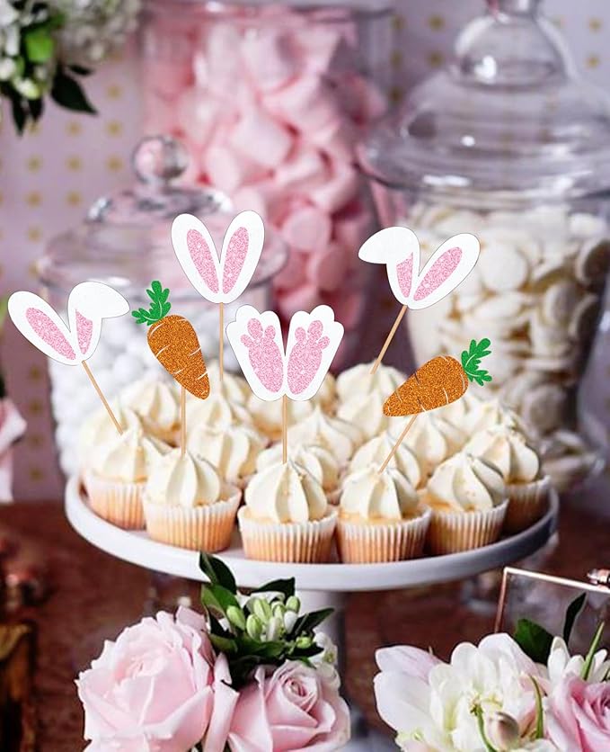 24pcs Easter Bunny Ear Cupcake Toppers, Glitter Rabbit Ears Cupcake Picks, EaSter Day Cake Toppers for Easter Theme Spring Birthday Baby Shower Party Decorations