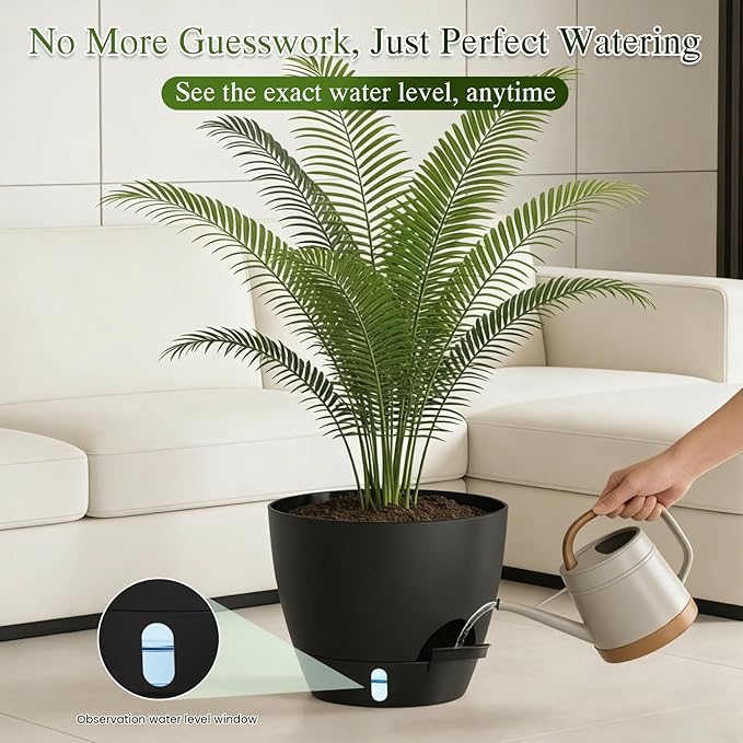 Plant Pots, 1 Pack 12 Inch Self Watering Pots with Drainage Holes, Water Level Indicator Deep Reservoir, Large Planters for Indoor Outdoor Plants - Black