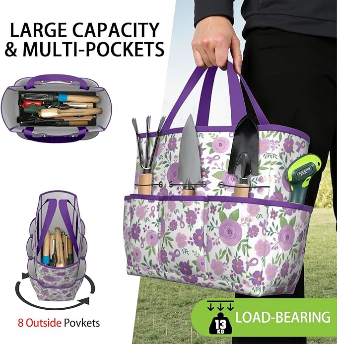 Daisy Flowers Garden Tool Bag - Waterproof Garden Tote with 8 Pockets, Large Storage Home Organizer Gardening Tool Oxford Bag for Garden Tools Kits Holder, Ideal Outdoor Gardening Gift for Women & Men