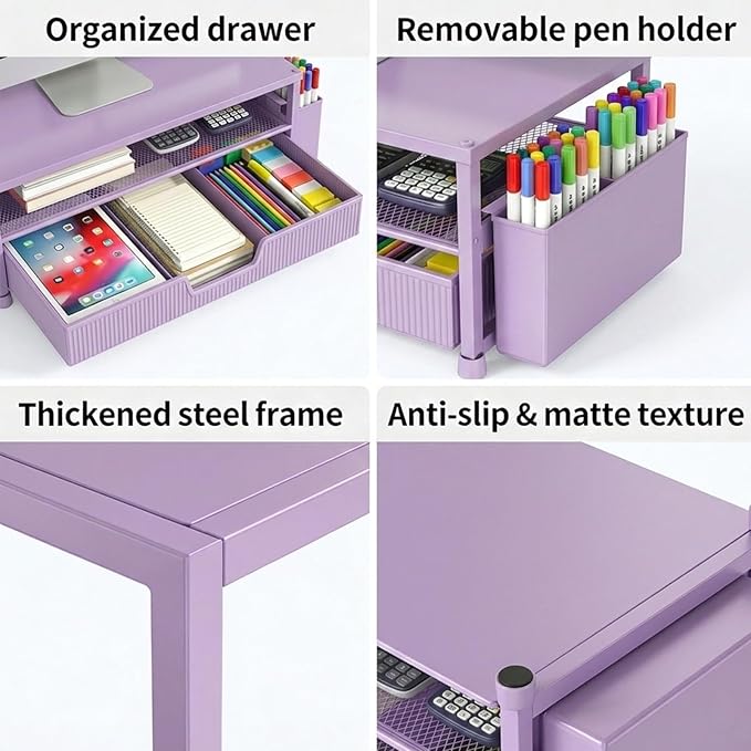 Desk Organizer and Accessories, 2-Tier Computer Monitor Stand Rise with Storage Drawer & 2 Pen Holders, Laptop & Printer Stand for Desktop, Workspace Organizers for Office Supplies (Purple)
