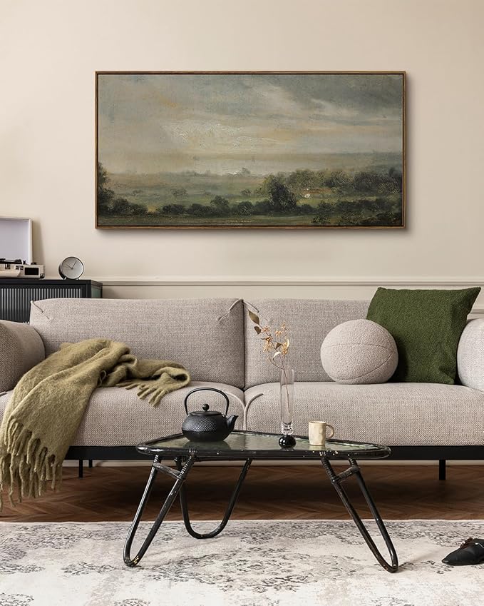 InSimSea Extra Large Framed Vintage Wall Art, Living Room Country Farmhouse Decor, Wild Field under Sky Landscape Paintings, Canvas Prints, Scenery Long Picture for Bedroom Above of Bed,24x48inch