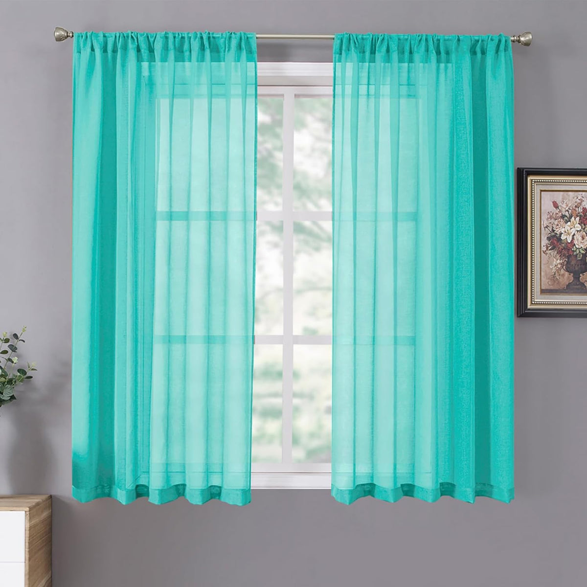 Tollpiz Short Sheer Curtains Linen Textured Living Room Curtain Sheers Light Filtering Rod Pocket Voile Curtains for Bedroom, 42 x 45 inches Long, Aqua Blue, Set of 2 Panels