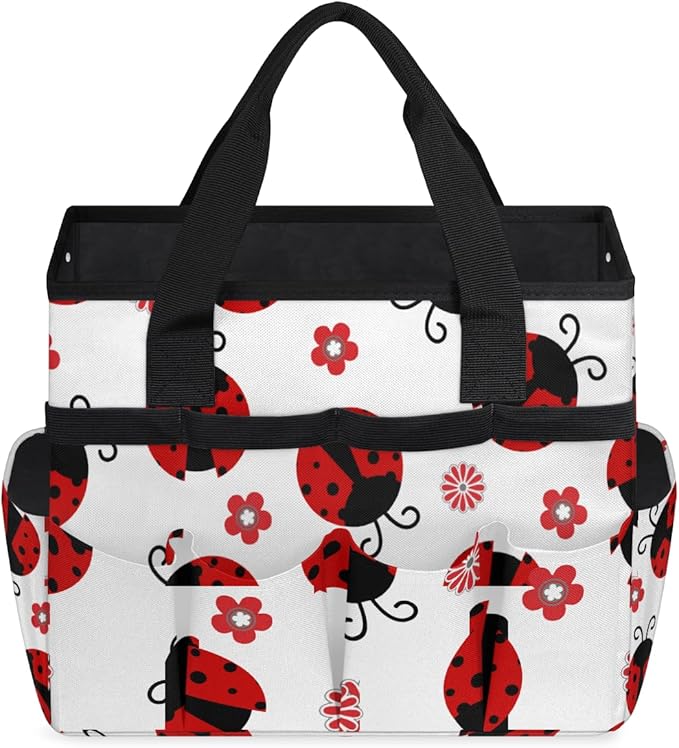 Ladybug Gardening Tool Bag,Heavy Duty Garden Tote Bag,Portable Oxford Flower Gardening Storage Basket Organizer Handbag with Pockets Handle,Hand Tools Gifts for Outdoor Garden Lawn Yard