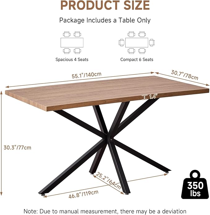 55.1 Inch Dining Table for 4 6 People Rectangular Wooden Kitchen Tables Mid Century Modern Dinner Table Long Dinning Room Table with Metal Cross Legs for Kitchen Living Room Comedor(Brown)