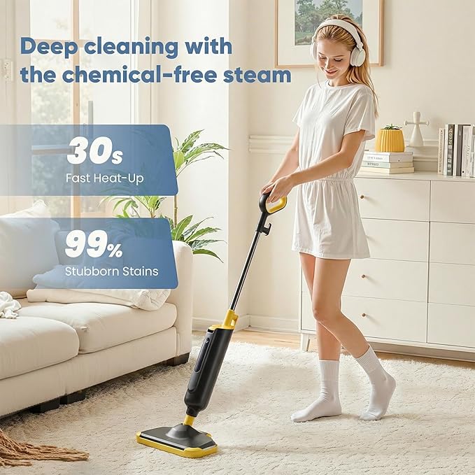 DUMOS Steam Mop for Floor Cleaning, Detachable Handheld Steam Cleaner, Suitable for All Floors Like Tiles, Hardwood, Stone, Lightweight with 2 Washable Pads,Black and Yellow