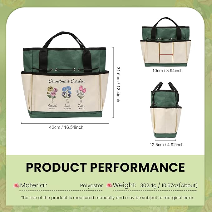 Personalized Garden Tools Set for Women: Custom Text Garden Tool Bag and Garden Shovel & Transplant Shovel & Hand Rake - Gardening Gifts for Mom Grandma Gardening Lover (3 Flowers)