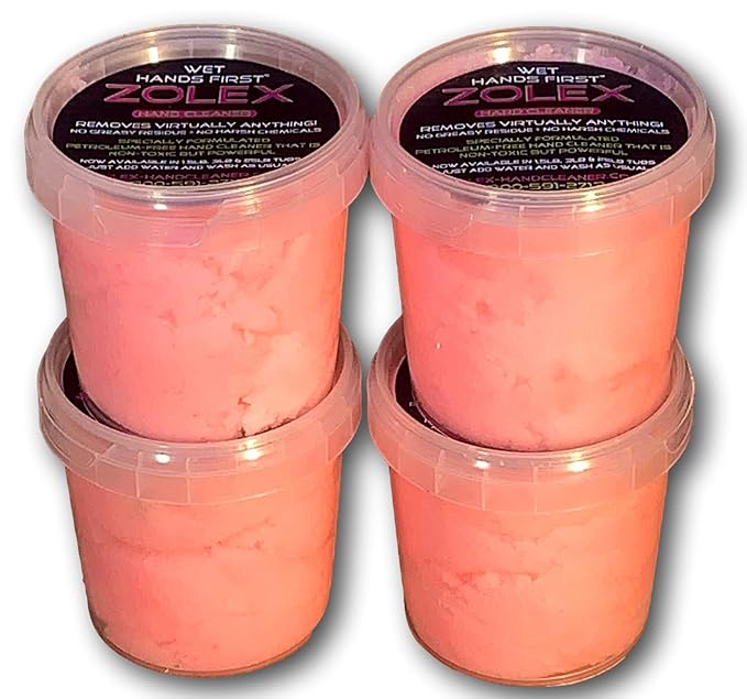 Zolex Water Activated Cherry Hand Cleaner for Hard Working Hands | Stain Remover for Heavy Duty Workers | Grease Remover for Mechanics and Industrial Workers - Non-Toxic Petroleum Free (Starter Pack - 4 Personal-Sized Tubs)