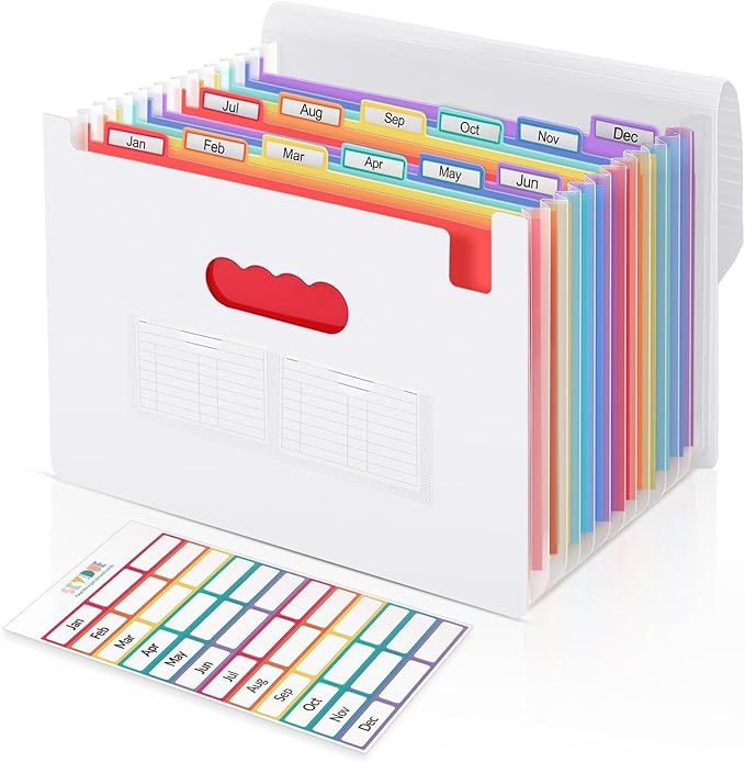 SKYDUE Accordion File Organizer, Expanding File Folder with 13 Pockets, Portable Document Paper Bill Receipt Organizer, Home School Office Supplies, Letter A4 Size White