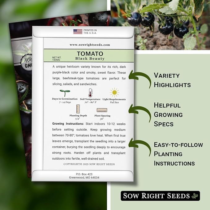 Sow Right Seeds - Black Beauty Tomato Seeds for Planting - Non-GMO Heirloom Packet with Instructions to Plant an Outdoor Home Vegetable Garden - Rare Deep Purple Slicing Variety - Sweet Flavor (2)