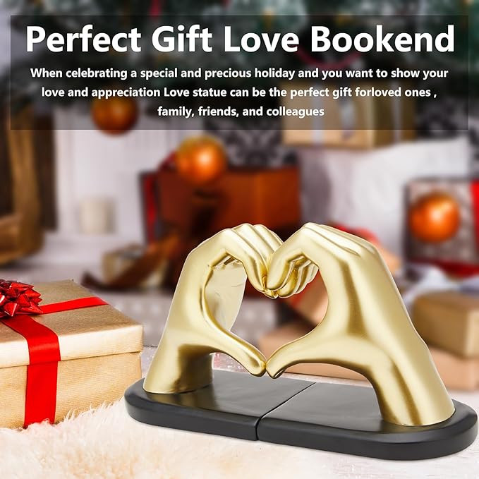 Gold Bookends, Heavy Duty Bookend Holder Decor, Golden Finger Heart Shaped, Modern Art Sculpture, Finger Home Decoration, Bookends Decorative, Boho Decor for Desktop Bedroom Study Room
