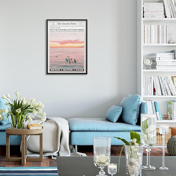 Pink Beach Newspaper Posters Vintage Fashion Coastal Girl Surf Wall Art 24X36