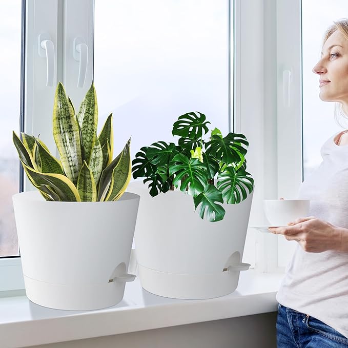 YNNICO 12 Inches Indoor Self Watering Planters with Drainage Holes and Saucers, 4 Pack (White)