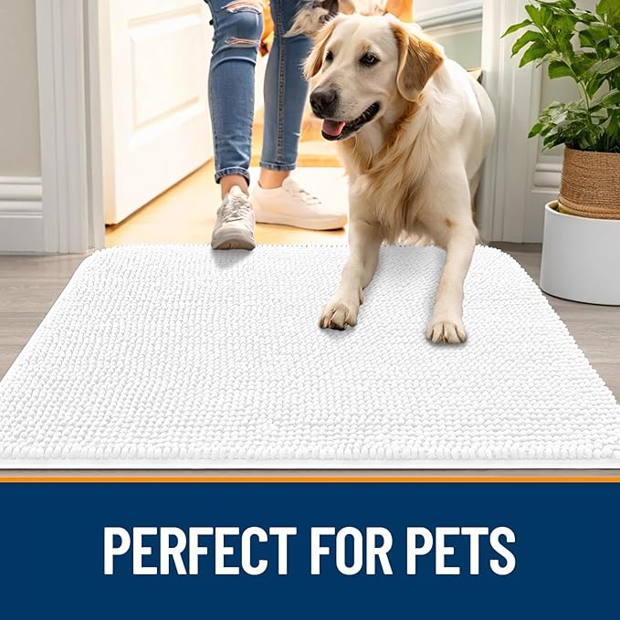 OLANLY Dog Door Mat for Muddy Paws 47x24, Absorbs Moisture and Dirt, Absorbent Non-Slip Washable Doormat, Quick Dry Chenille Mud Mat for Dogs, Entry Indoor Entryway Carpet for Inside Floor, White