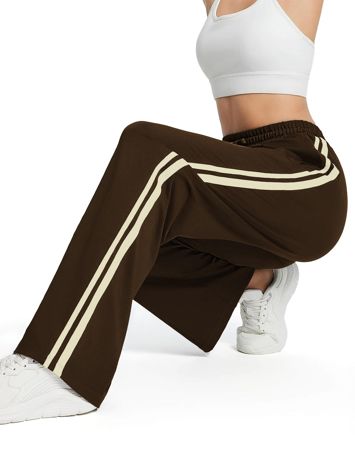 Tapata Long Womens 32" Inseam Track Pants Relaxed Fit Striped Workout Sweatpants Baggy Trousers with Zipper Pockets, Brown, S