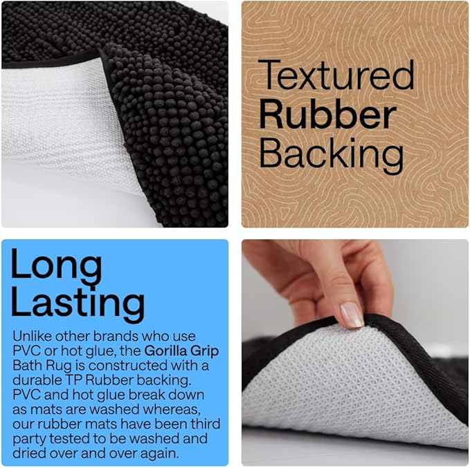 GORILLA GRIP Bath Rug Mat 60x17, Thick Soft Absorbent Chenille, Quick Dry Microfiber Mats, Rubber Backing Washable Shower Floor Rugs, Bathmat Runner, US Designed Bathroom Home Decor Accessories Black