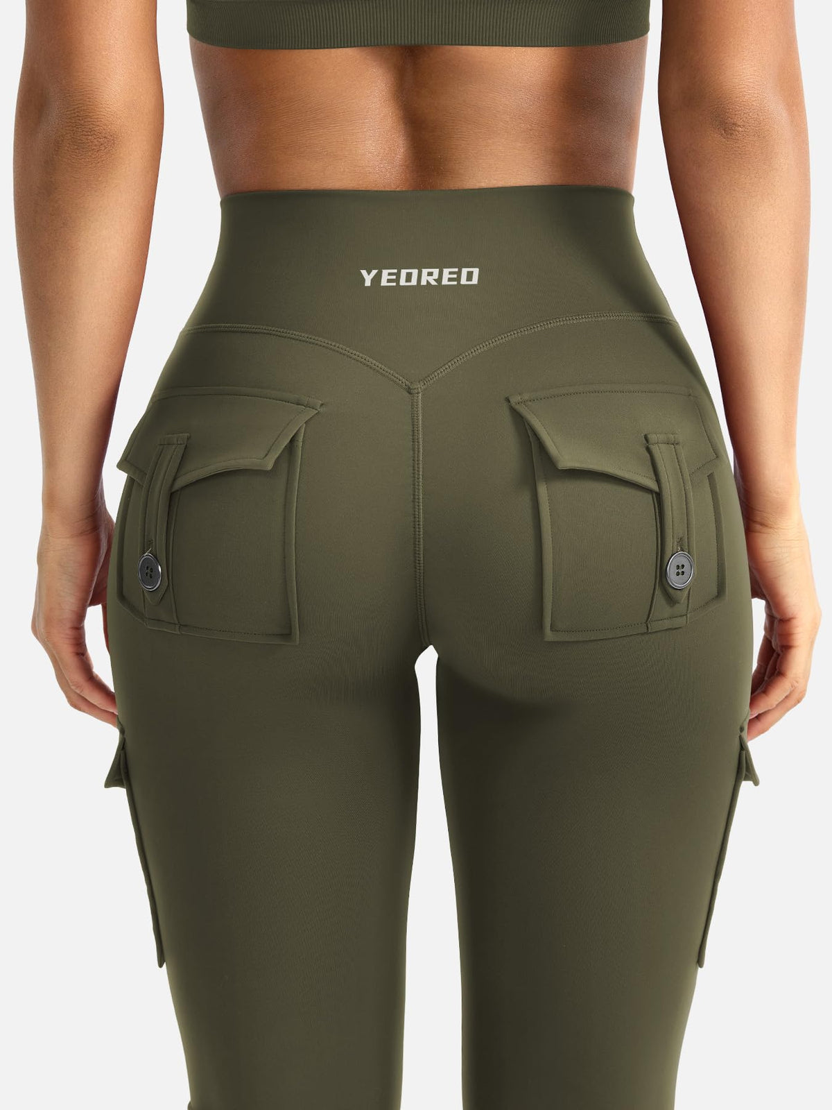YEOREO CoreFlex Women Workout Flare Leggings with Pockets Hidden Scrunch Cargo Gym Yoga No Front Seam Leggings Army Green S