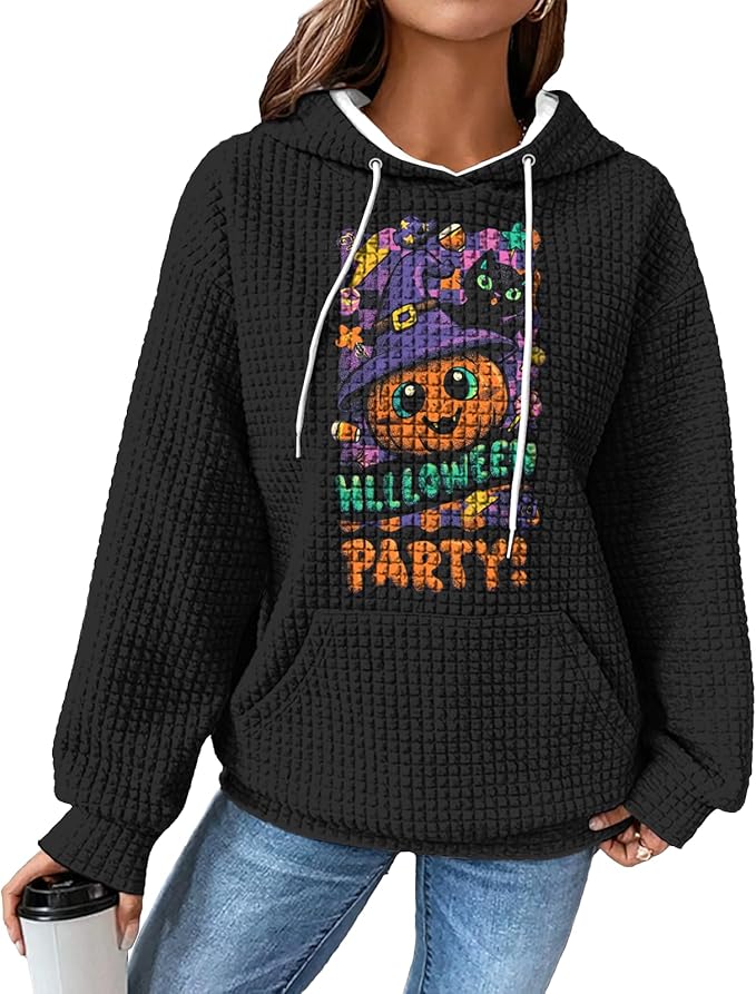 Halloween Sweatshirts for Women Novelty Graphic Drawstring Waffle Hoodies Loose Casual Pullover Tops with Pocket