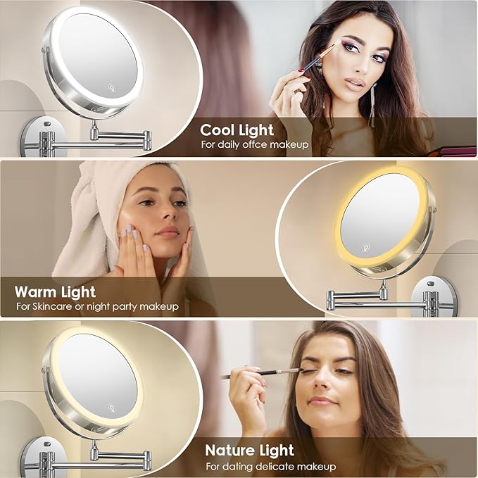 MNIENT Wall Mounted Lighted Makeup Mirror, 3 Colors Led Vanity Mirror