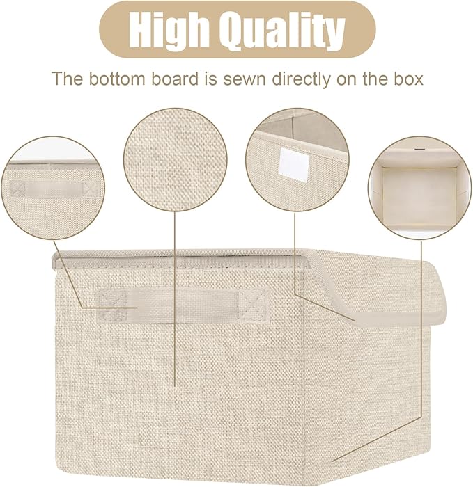 Small 8 Quart Linen Fabric Foldable Storage Bin Cube Organizer Basket with Lid & Handles, Collapsible Decorative Box Container for Home, Dorm, Closet, Beige, 10"x8"x6", 6-Pack