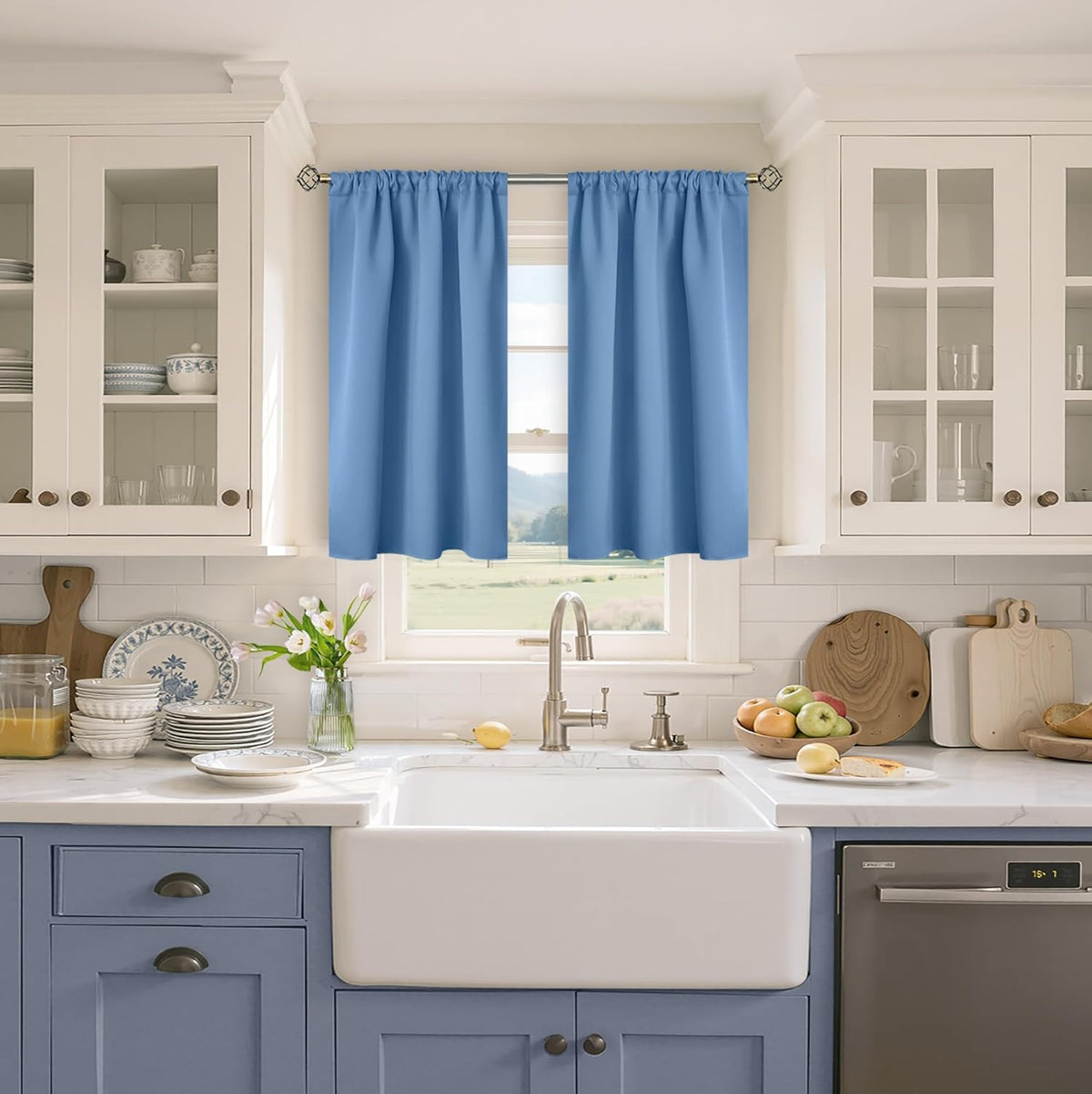 BGment Denim Blue Blackout Curtains for Bedroom 45 Inches Long - Thermal Insulated Drapes Short Length Room Darkening with Rod Pocket for Kitchen Bathroom Window, 42 x 45 Inch, 2 Panels