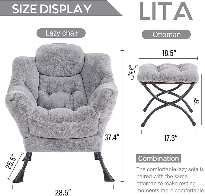 LITA Lazy Chair with Ottoman, Modern Accent Leisure Upholstered Sofa Chair, Contemporary Lounge Reading Chairs with Armrests and a Side Pocket for Living Room, Bedroom & Small Space, Plush Grey