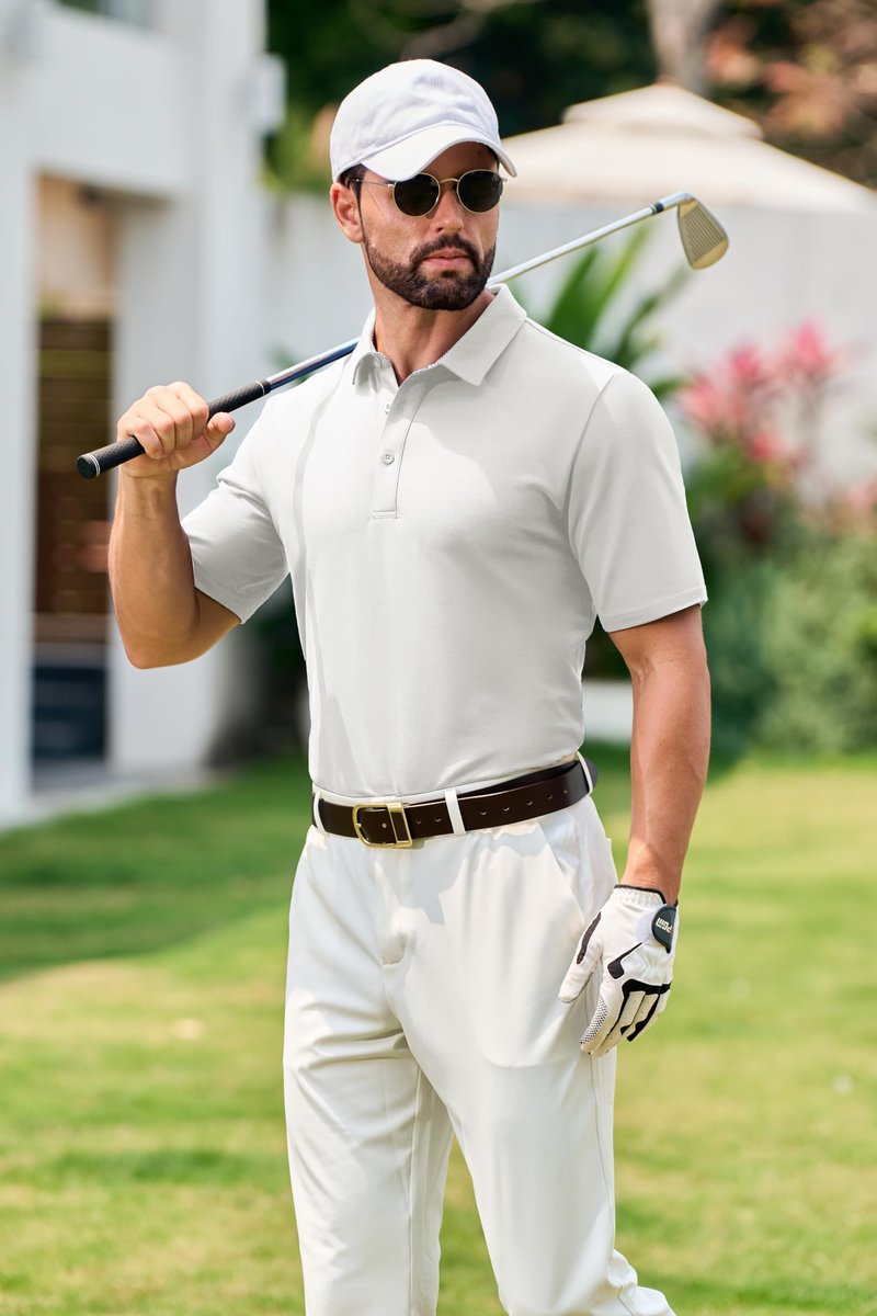 Cotrasen Men's Polo Shirts Short Sleeve Cotton Pique 3 Buttons Classic Fit Casual T-Shirt Breathable Moisture Wicking Performance Golf Soft Stretch Shirts White XL