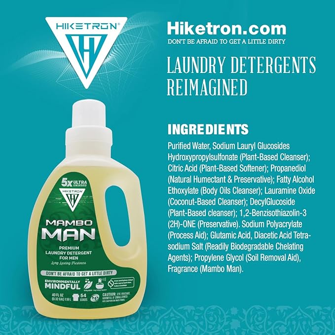 Hiketron Mambo Man Liquid Laundry Detergent, 5x Ultra Concentrated, Tough Stains Remover, Long Lasting Masculine Scent (80 Fl Oz, Pack of 2)