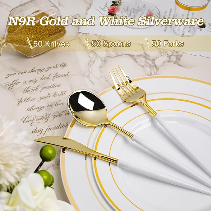 N9R 150Pcs Gold Plastic Silverware-Gold Disposable Utensils with White Handle-Disposable Silverware Heavy Duty with 50 Spoons, 50 Forks, 50 Knives for Party，Birthday and Everyday Use