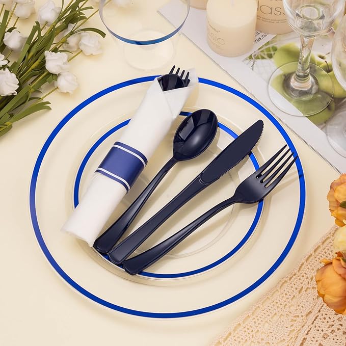 BESTSTAR 350PCS Clear and Blue Disposable Plates Set for 50 Guests, 100 Plastic Plates, 50 Cups, 50 Pre-Rolled Napkins with Plastic Cutlery for Party, Birthday, Thanksgiving, Christmas, Halloween