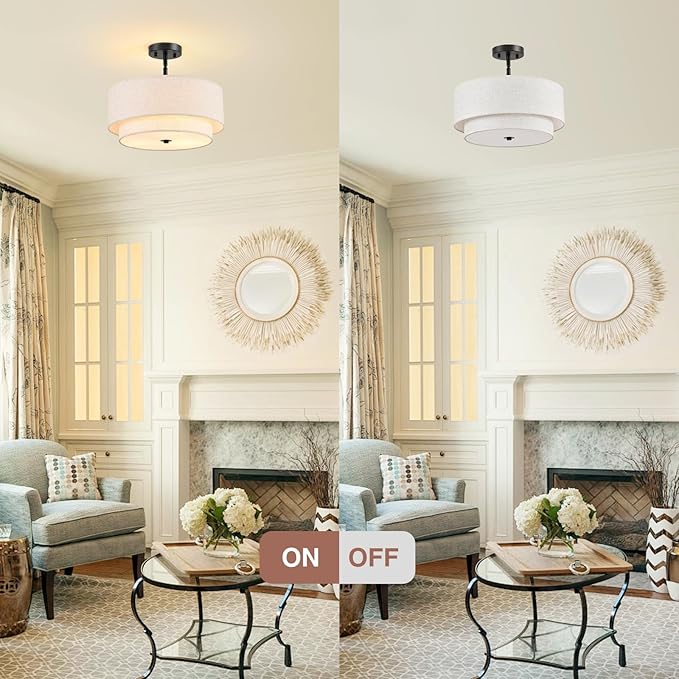 16" Semi Flush Mount Ceiling Light, Black 3 Light Double Drum Fabric Lampshade Lighting Fixture for Living Room, Bedroom, Dining Room, Kitchen, Hallway (Swivel Canopy for Sloped/Flat Ceiling)
