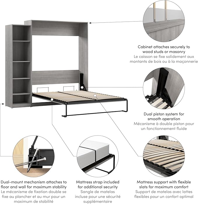 Bestar Claremont Queen Murphy Bed with Closet Organizer (85W) in Platinum Gray, Space-Saving Sleeping Arrangement for Multipurpose Room