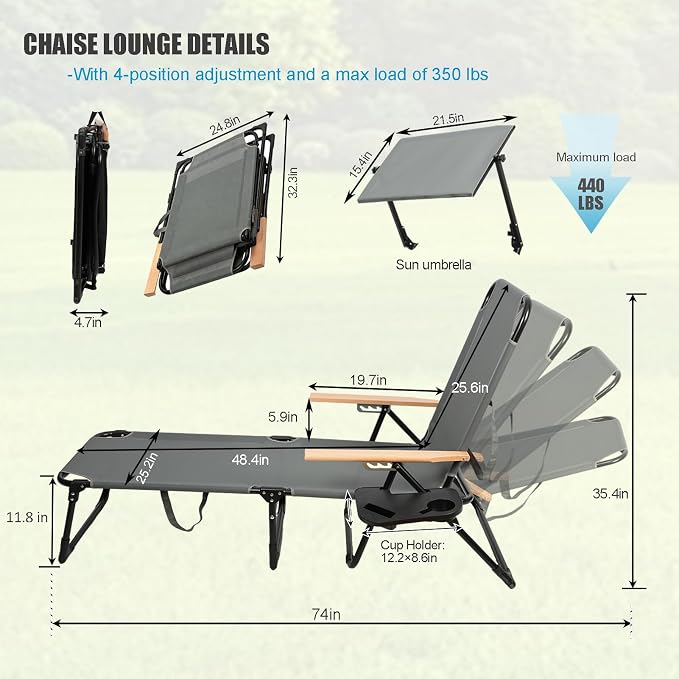 Folding Lounge Chair with Adjustable Canopy, Portable Sun Lounger with 4-Position Reclining Back, Outdoor Chaise Lounge with Arms, Tanning Chair for Beach Poolside Backyard Camping, 440LBS (Black B)