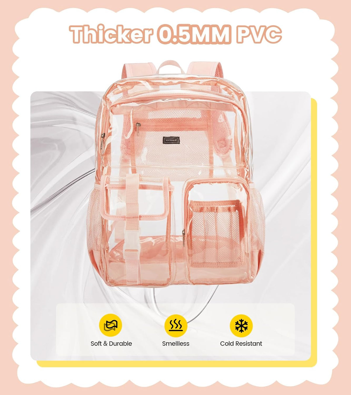Vorspack Clear Backpack for School - Heavy Duty Transparent Bookbag for Girls Boys Extra Large See Through backpacks for Work, College, Travel - Pink