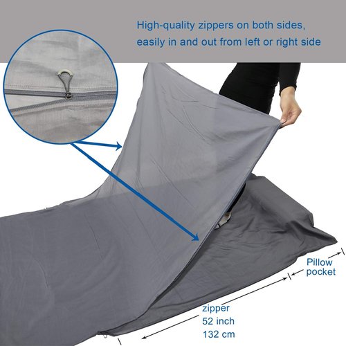 Browint Silk/Cotton Travel Sheet with Double Zippers, 87"x43" Extra Wide Sleep Sack for Hotels, Lightweight Sleeping Bag Liner for Camping, Traveler Rectangular with Pillow Pocket …