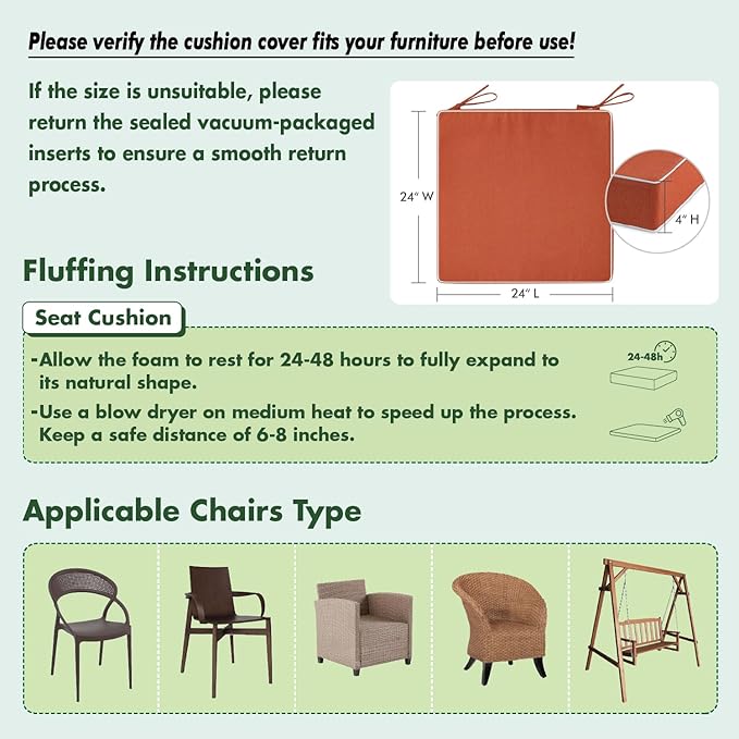 MIULEE Orange Outdoor Chair Cushions Set of 2, 24x24x4 Inch Waterproof Patio Seat Cushions for Outdoor Furniture Couch Sofa, 3 Year Color Fastness High Density Foam with Adjustable Ties