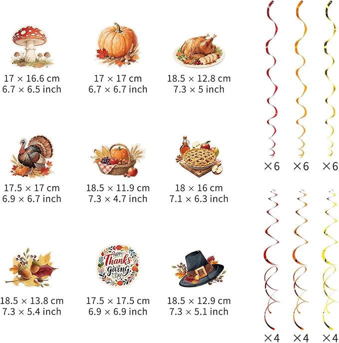 Thanksgiving Hanging Swirl Set Party Decorations, 48 Pcs, Autumn Theme Pumpkin Maple Leaf Turkey Party Supplies Sign,Orange Brown Red