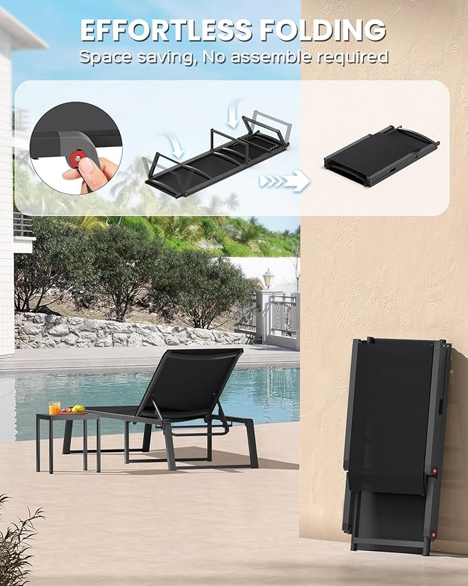 Aluminum Chaise Lounge Chair Outdoor, Foldable& No Assembly Patio Pool Lounge Chairs 5-Position Recliner for Outside, Fully Grounded Legs Sun Lounger for Poolside, 4 Packs, Black